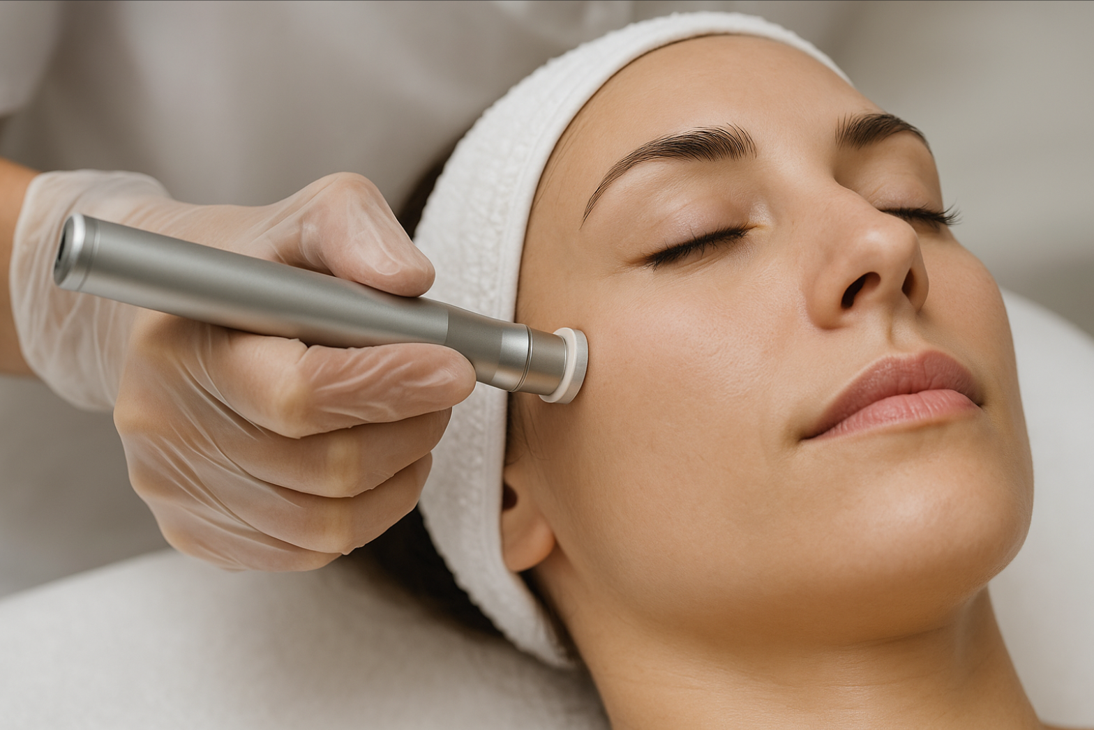 Close-up of a woman receiving a professional microchanneling treatment on her cheek with a silver skincare device, performed by a gloved aesthetician in a spa setting.