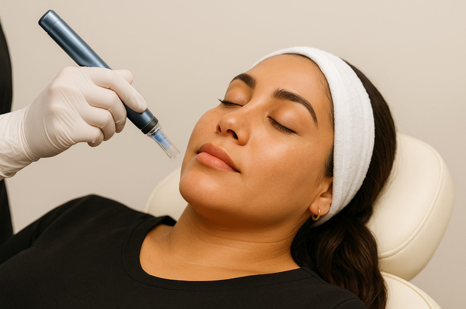 Latina woman receiving a microneedling treatment while lying on a spa bed, with eyes closed and a skincare professional applying the procedure using a blue derma pen.